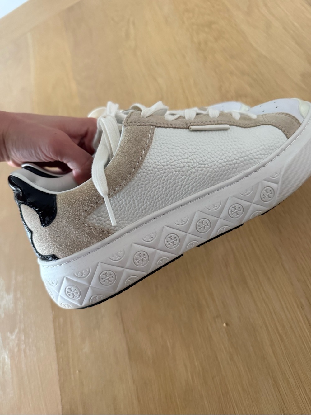 Tory Burch White and Beige Leather & Suede Platform Sneakers